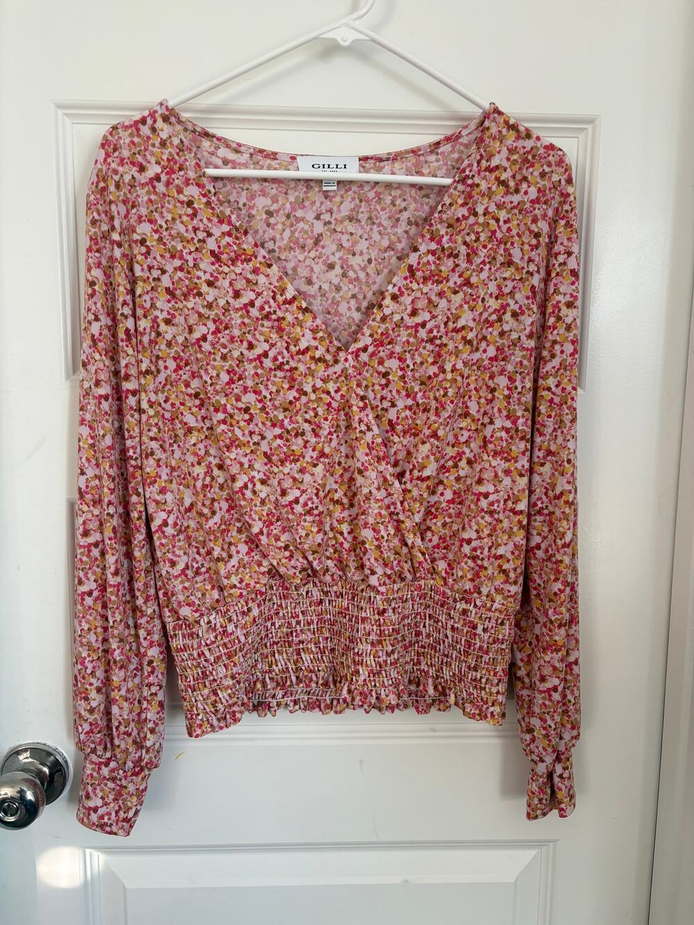 Gilli Floral Blouse Medium Pink Ditsy Floral Smocked Waist Long Sleeve Top